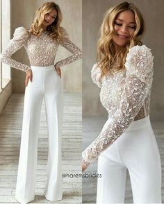 a woman in white pants and lace top posing for the camera with her hands on her hips