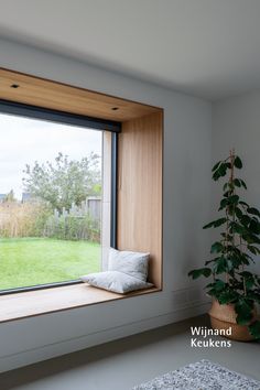 a room with a large window and a potted plant