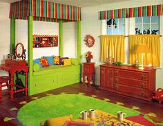 a child's bedroom decorated in green, yellow and red with striped drapes