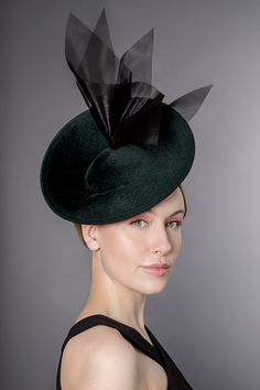 "Eila is a felt saucer hat, made from beautiful high quality velour felt.   This special occasion saucer hat is finished with a wired edge and decorated with a dramatic black crinoline flourish. We would recommend this hat style to clients attending a race event or formal occasion! The hat modelled in shown in 'Deep Forest'.  The hat can also be made in lots of additional colours*, and would be ideal as a women's designer races hat or for attending a wedding. This hat is so flattering, it suits so many face shapes due to it's size and angle.  Please ask if you would like advice on styling before purchasing. Hat Details: * Attaches with millinery headband and comb. * The hat is made to order. * The hat can be made in other base colours, see our velour shades. * Crin Trim is available in bla Deep Eddy Hat, Capricorn Jewelry, Hat Custom, Cocktail Hat, Hat Style, Soft Shoes, Formal Occasion, Hat Fashion, Chain Lengths