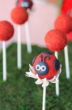 cake pops with ladybug decorations on them sitting in the middle of green grass