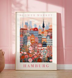 a pink wall with a poster on it that says flower market hamburg