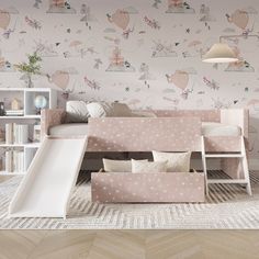 a child's room with pink and white wallpaper, a slide for climbing