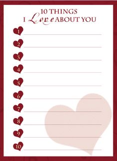 a valentine's day card with hearts and the words 10 things i love about you