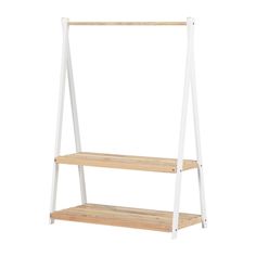 a white and wood shelf with two shelves on each side, against a white background