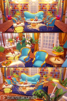 three different views of a living room with blue couches and tables in the middle