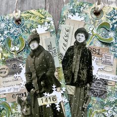 altered photograph of two women in coats and hats standing next to each other with snowflakes on them