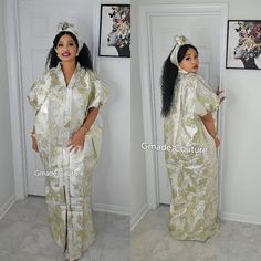 Made with luxurious high quality European brocade. One size, free size. It has an inner belt attached to make it fit. Ready made dresses.   Lenght is 63 inches .   Comes with a scarf to match   Premium luxury for a Queen.  Its rich embroidery depicts authenticity, elegance, and rich culture. It can be dressed down or up.  This bubu dress is made with quality fabric to make you Classy and Gorgeous.     ♥ An elegant dress with a classy look! Wear it as a caftan or as a party dress!   Free size- On Ceremonial Elegant Maxi Length Gown, Elegant Ceremonial Maxi Length Gown, Ceremonial Floor-length Gown, Traditional White Maxi Dress For Evening, Traditional White Evening Maxi Dress, Traditional Maxi Dress For Evening, Traditional Long Maxi Dress For Evening, Elegant Floor-length Maxi Dress For Traditional Ceremonies, Gold Thobe For Wedding