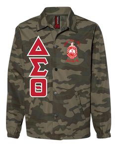 a camo jacket with the word aod on it and an emblem in red