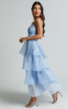 Cindy Midi Dress - Layered Skirt Dress in Pale Blue | Showpo USA Feminine Blue Tiered Dress, Light Blue Tiered Midi Dress, Light Blue Organza Dress With Ruffles, Elegant Light Blue Tiered Maxi Dress, Blue Layered Dress, Luxury Light Blue Ruffled Maxi Dress, Midi Dress Layering, Formal Ideas, Dress Layered