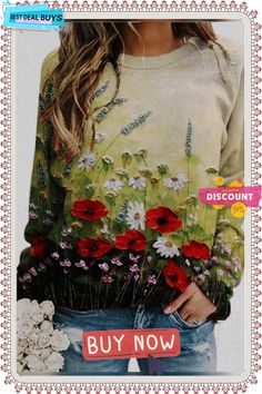 Women Calico Print Long Sleeve O-neck Casual Sweatshirt Fall Tee Shirts, Holiday Floral, Floral Fashion, Women Long Sleeve Tops, Vintage Casual, Casual Blouse, Blouse Styles, Casual Sweatshirt, Printed Sweatshirts