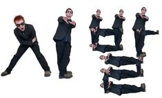 a man in black suit and sunglasses doing different poses