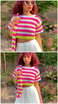 two photos of a woman with red hair wearing a pink and green crochet crop top