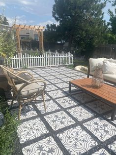 a patio with chairs, tables and couches in the middle of an outdoor area