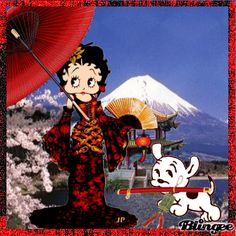 a cartoon character holding an umbrella next to a white dog and mountain in the background