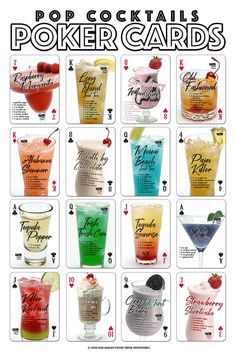 the poker cards have different types of drinks in them and are labeled with their names