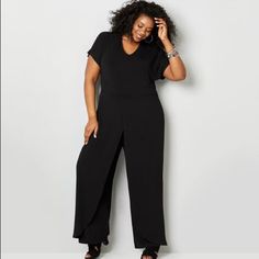 Black Stretch Knit Short Sleeve Jumpsuit With V-Neckline, Keyhole Closure In Back And Long Flowy Pants With Overlay. Nwt, Size 26/28 Versatile Black V-neck Jumpsuits And Rompers, Long Flowy Pants, Short Sleeve Jumpsuit, Short Sleeve Jumpsuits, Flowy Pants, Plus Size Jumpsuit, Knit Short, Fabric Shop, Fashion Updates