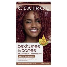 Clairol Textures & Tones Hair Dye Ammonia-Free Permanent Hair Color, 6R Ruby Red BRILLIANT COLOR + MOISTURIZED HAIR. With Zero Ammonia, Argan and Olive oil, Textures & Tones gives you moisture-rich color that is key for maintaining curl definition and shine. Our Intensive Moisturizing Mask helps detangle and strenghten hair, for instant softness. Designed with textured hair and color specialists to create a system optimized to pamper textured hair types- natural or relaxed. Size: 1 Application. Ruby Red Hair Dye, V Shaped Layers, Hairstyle At Home, Ruby Red Hair, Red Hair Dye, V Shape Hair, Curl Definition, Dyed Red Hair, Textures And Tones