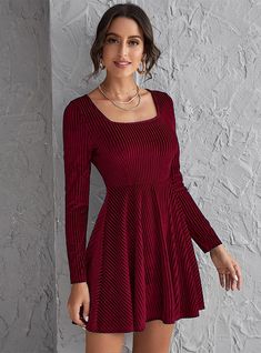 Long Sleeve Party Velvet Dress Square Collar Dress, Dresses For Women Casual, Velvet Dress Short, Velvet Skater Dress, Burgundy Velvet Dress, Short Dresses For Women, Applique Wedding, Applique Wedding Dress, Red Square