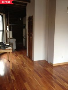 an empty room with hard wood flooring and white walls in the background, before and after remodel