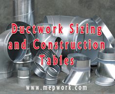 the words duct work sizing and construction tables are in front of an image of steel pipes