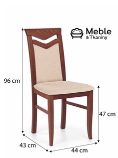 a wooden chair with measurements for the seat and back side, shown in front of a white background