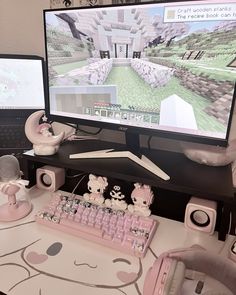 a computer desk with two monitors and keyboard