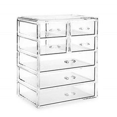 an image of a clear drawer with drawers on the top and bottom side, in front of a white background