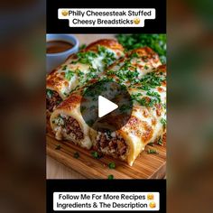 a pizza with cheese and meat on it sitting on top of a wooden cutting board