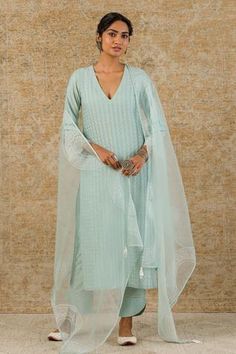 Shop for Devnaagri Blue Cotton Silk Blend Pintuck Kurta Set for Women Online at Aza Fashions Chanderi Dupatta, Blue Kurta, Organza Sleeves, Linen Pant, Lace Pants, Blue Embroidery, Embroidered Neckline, Kurta With Pants, Silk Embroidery