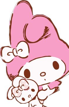 a drawing of a girl holding a teddy bear with pink hair and bows on her head