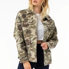 New With Tags Kendall + Kylie Camouflage Jacket. Size M. Oversized Fit. Sequin Detailing. Bin T No Trades Trendy Camouflage Outerwear For Fall, Oversized Military Utility Jacket For Spring, Camouflage Military Outerwear For Spring, Trendy Camouflage Outerwear With Pockets, Oversized Camouflage Winter Outerwear, Winter Camouflage Oversized Outerwear, Oversized Camouflage Outerwear For Winter, Spring Camouflage Outerwear With Pockets, Camouflage Outerwear With Pockets For Spring