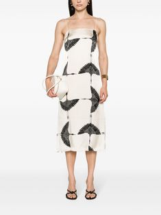 cream white/black satin finish Crane print square neck spaghetti straps concealed side hook and zip fastening side slits unlined straight hem mid-length Cream Satin Dress, Crane Print, Grey Midi Dress, Versace Outfit, Square Neck Dress, City Dress, Silk Midi Dress, Red Midi Dress, Silk Charmeuse