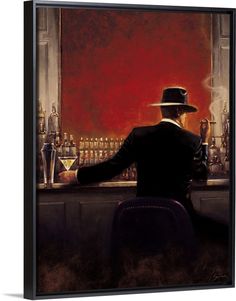 a painting of a man sitting at a bar with a top hat on his head