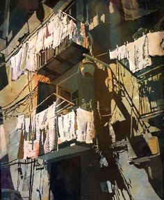 an abstract painting of clothes hanging on the clothesline and laundry lines in front of a building