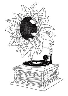 a black and white drawing of a record player with a sunflower on it's turntable