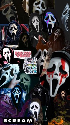 a collage of halloween masks with the words scream on them