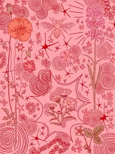 a pink background with red flowers and stars