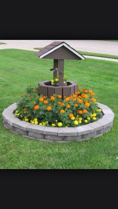 a flower bed in the middle of a yard