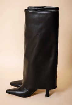 The NKC Store pointed toe classic black boot with fold over detail. Soft Vegan Leather, Heel Height: 3in, Shaft Height: 19in, Boot Opening: 15in Shaft Circumference: 14in. Shipping could take 7-14 days. fall winter boots, shoe obsession, pointed toe heeled boots, sustainable women's shoes, clothing, shopping, footwear, it girl, cool girl aesthetic Boots Folded Over, Fold Over Boots Outfit, Foldover Boots, Sick Shoes, Fall Winter Boots, Heels Ideas, Cool Girl Aesthetic, Classic Black Boots, Fold Over Boots