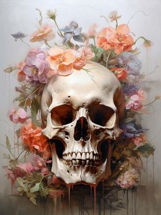 a painting of a skull with flowers on it's head