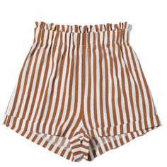 Nwot. Tan And White Stripes. Elastic Paper Bag Waist. High Rise. Cuffed Hem. 34” Waist (Stretched) X 14” Rise Chic Beige Shorts For Summer Outings, White Shorts With Elastic Waistband For Summer, White Shorts With Elastic Waistband For Summer Outings, Beige Paperbag Waist Shorts For Summer, Trendy Brown Beach Shorts, Summer High-waisted Brown Shorts, White Trendy Shorts For Summer Outings, Brown Shorts With Elastic Waistband For Day Out, Trendy White Shorts For Summer Outings