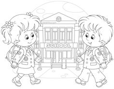 two children with backpacks are walking towards the school building coloring book page for kids