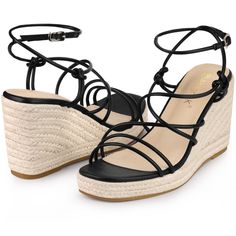 Step up your fashion game with these beautiful espadrille sandals that offer both style and comfort. With their contoured cushioning and supportive wedge heels, you can enjoy long-lasting comfort without sacrificing fashion. The adjustable length of the rope allows you to replace the unique design of the ankle strap, providing you with flexible adjustments for a comfortable fit. These sandals feature strappy lace-up details, an espadrille design, wedge heels, a low platform, and an open toe, mak Straw Heels With Round Toe For Beach Season, Straw Heels For Beach Season With Round Toe, Espadrille Ankle Strap Heels For Beach Season, Black Closed Toe Straw Sandals, Espadrille Heels With High Heel For Vacation, Beach Season Espadrille High Heel, High Heel Espadrille Sandals For Vacation, Adjustable High Heel Wedge Sandals In Synthetic Material, Adjustable High Heel Synthetic Wedge Sandals