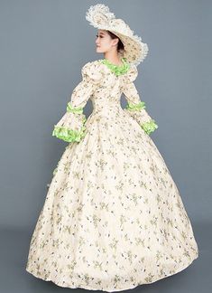 High-end Green And Orange Floral Rococo Southern Belle Marie Antoinette Dress Medieval Reenactment Theater Costume     Condition: Brand New   Color:  As Picture   Material: Satins And Lace   Silhouette: Ball Gown   Sleeve Length: Full Sleeve   Dresses Length:Floor-Length   Neckline: Square Collar   Decoration: Ruffle   Style: Vintage     Includes: Dress + Hat Fitted Vintage Medieval Dress For Theater, Medieval White Dress For Costume Party, Rococo Victorian Dress With Long Sleeves For Costume Party, Victorian Rococo Dress For Costume Party, Victorian Rococo Long Sleeve Dress For Costume Party, Rococo Long Sleeve Costume Dress, White Victorian Dress For Costume Party, Rococo Style Long Sleeve Costume Dress, Vintage Medieval Dress For Theater