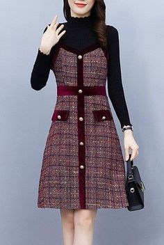 Black and red tweed wool midi dress with long sleeves. Perfect for spring and winter to keep you warm. Korean fashion elegant dressy classy style for women and lady. Tight fit. Winter Midi-length Tweed Dress, Winter Midi Length Tweed Dress, Chic Knee-length Tweed Dress For Fall, Fall Midi-length Tweed Dress, Fall Tweed Midi Length Dress, Chic Knee-length Tweed Midi Dress, Winter Plaid Tweed Dress, Tweed Midi Dress For Party, Fall Knee-length Tweed Dresses