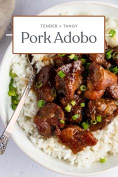 pork adobo served over white rice in a bowl with a spoon on the side