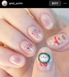 Sanrio Christmas Nails, Kawaii Christmas Nails, Painted Acrylic Nails, Snoopy Nails, Nail Noel, 3d Flower Nails, Korean Nail Art, Beauty Nails Design, Christmas Nails Easy