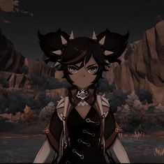 an animated image of a woman with horns on her head standing in front of mountains