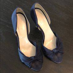 J. Crew Stiletto High Heel Dress Shoes Women’s Size 8 Satin Knot D’orsey 4 Inch Heel Navy Blue Great For Weddings And Formal/Black Tie Events! Fitted Open Toe Court Shoes With Wrapped Heel, Formal Fitted Court Shoes With Heel Strap, Formal Wedding Shoes With Padded Heel, Formal Fitted Wedding Shoes With Padded Heel, Medium Width Open Toe Court Shoes For Formal Occasions, Formal Medium Width Open Toe Court Shoes, Blue Fitted Heels For Gala, Formal Fitted Court Shoes With Wrapped Heel, Formal Fitted Blue Heels